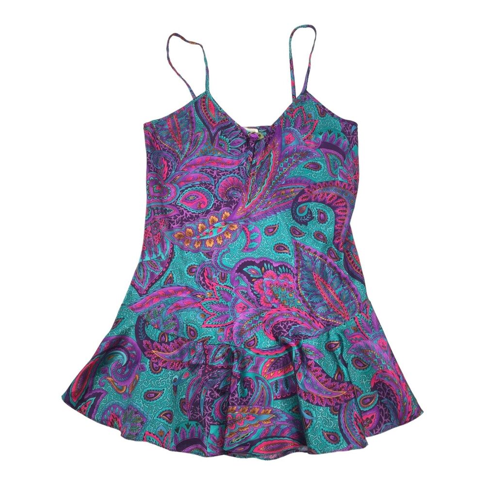 Vintage 80s California Miss Paisley Print Lingerie Dress Small Teal Purple Satin